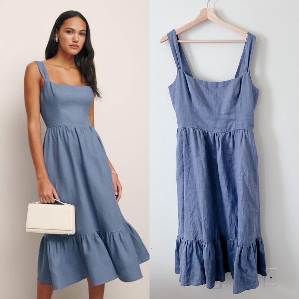 Reformation Bucatini Midi Linen Dress - Blue 100% Linen Sz 10